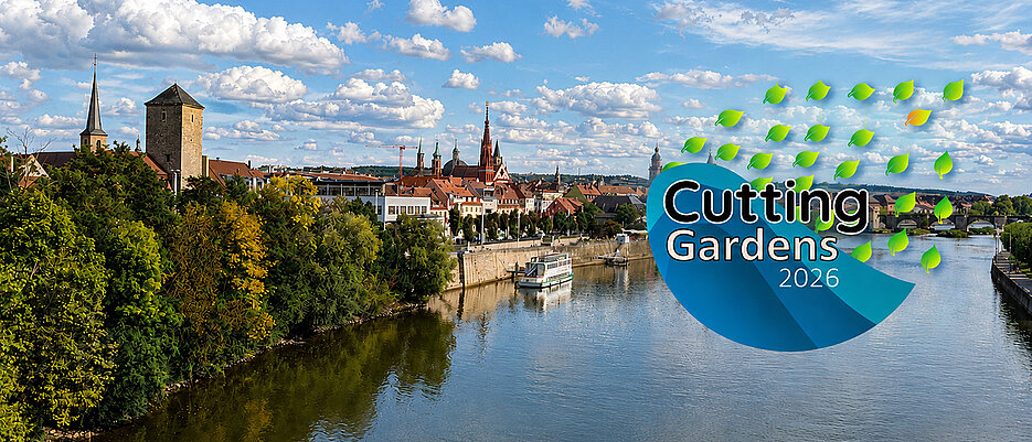 Luftaufnahme des Würzburger Mains. Im Hintergrund ist die Würzburger Stadt. Rechts im Bild das Logo mit Schriftzug Cutting Gardens 2026, welches sich in Blätter auflöst.