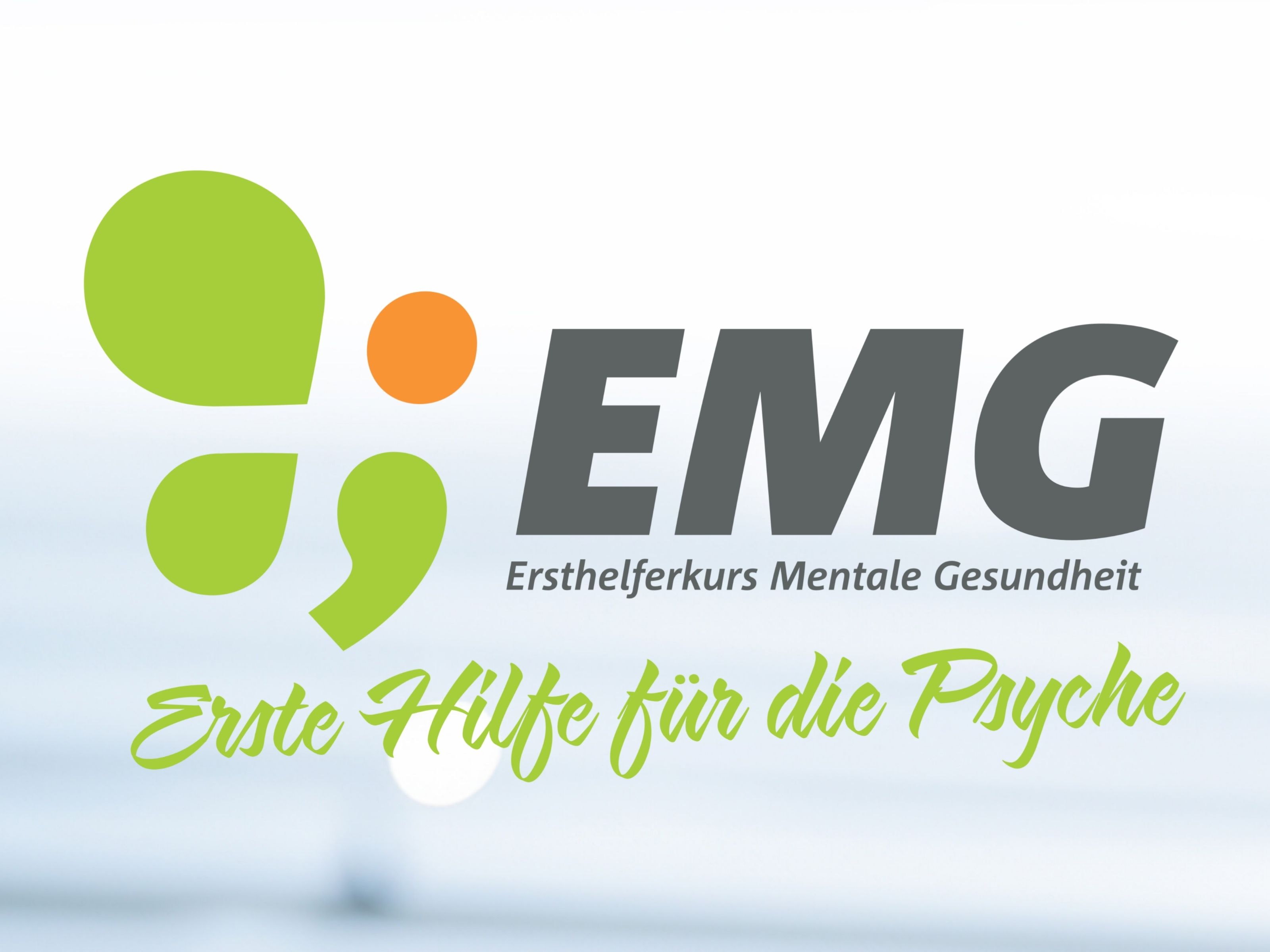 Logo der EMG Ersthelferkurs Mentale Gesundheit in grün und orange; drunter der Slogan "Erste Hilfe für die Psyche"