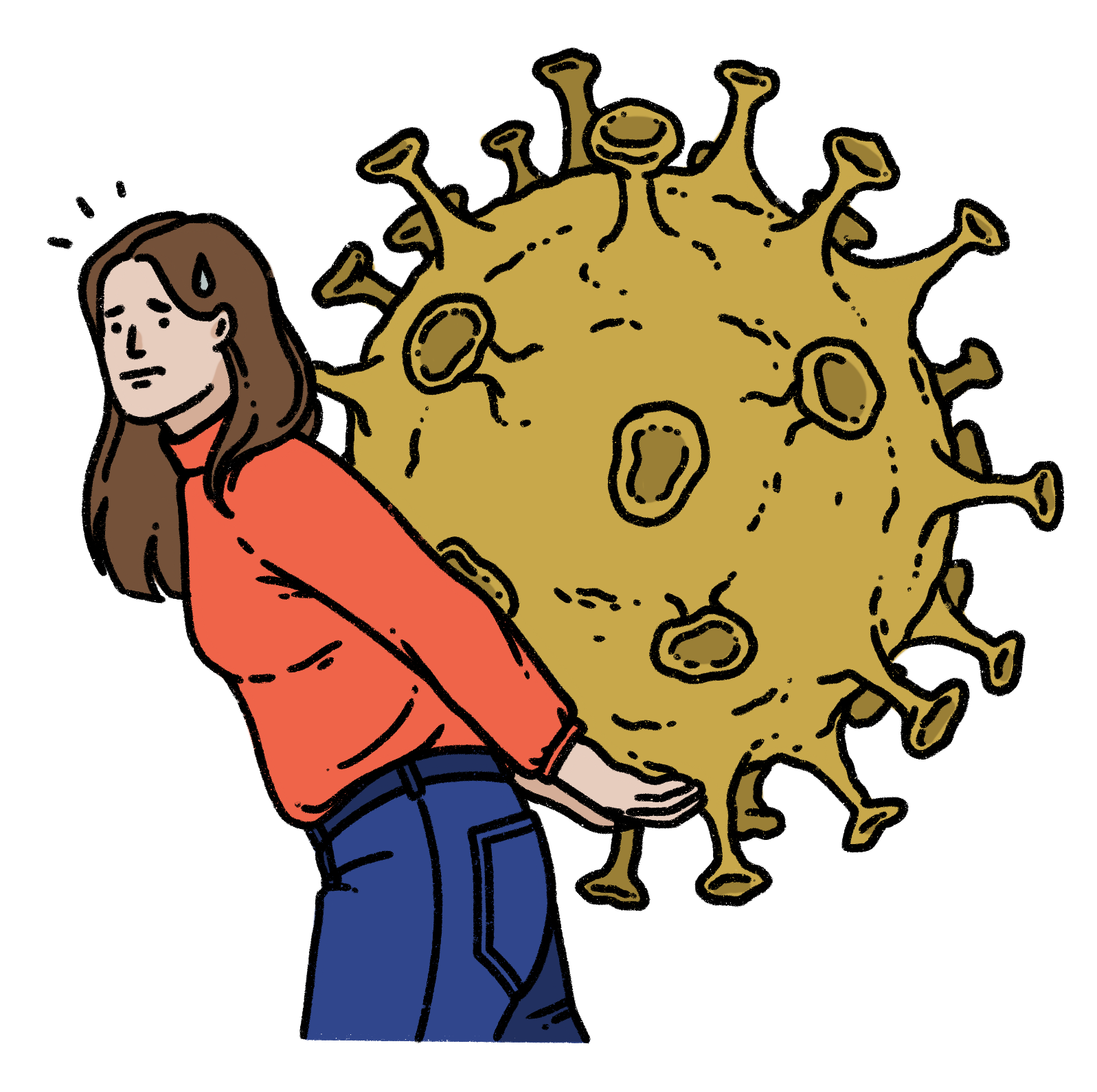 Illustration auf der eine Frau ein riesiges Virus auf dem Rücken trägt 