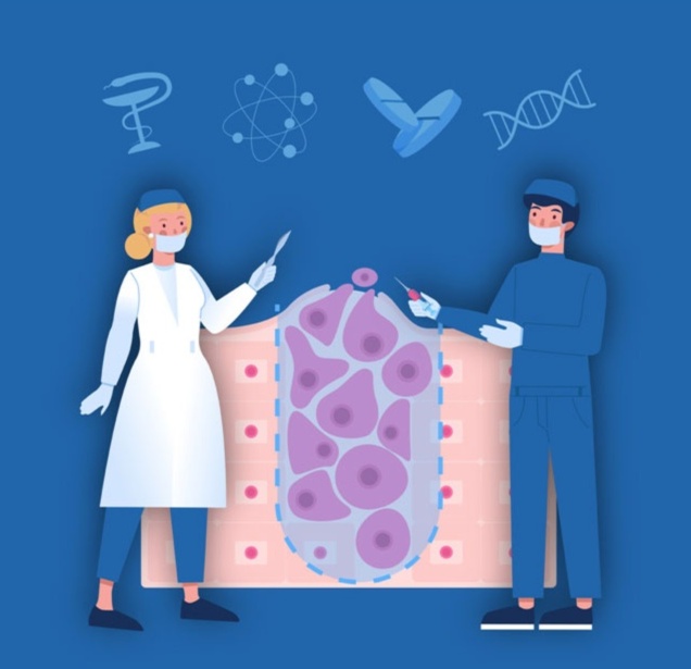 Illustration zweier Forschender in OP‑Kleidung, die vor einer stark vergrößerten Zellstruktur stehen und mit Instrumenten daran arbeiten; darüber schweben Symbole für Medizin, Forschung und Genetik auf blauem Hintergrund.