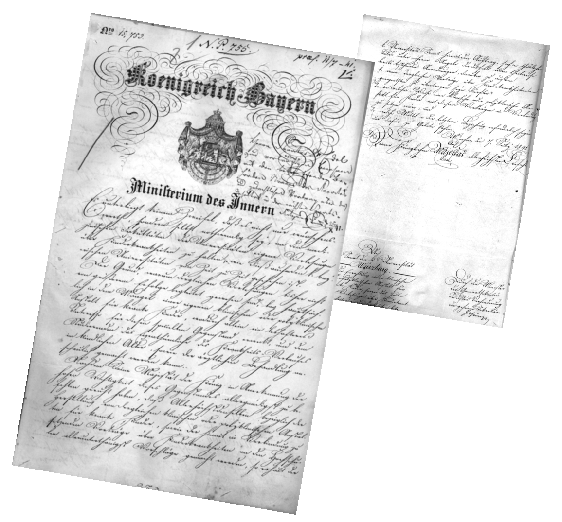 Historische Urkunde des Königreichs Bayern, Ministerium des Innern, mit handschriftlichem Text zur Genehmigung der Kinderklinik in Würzburg.