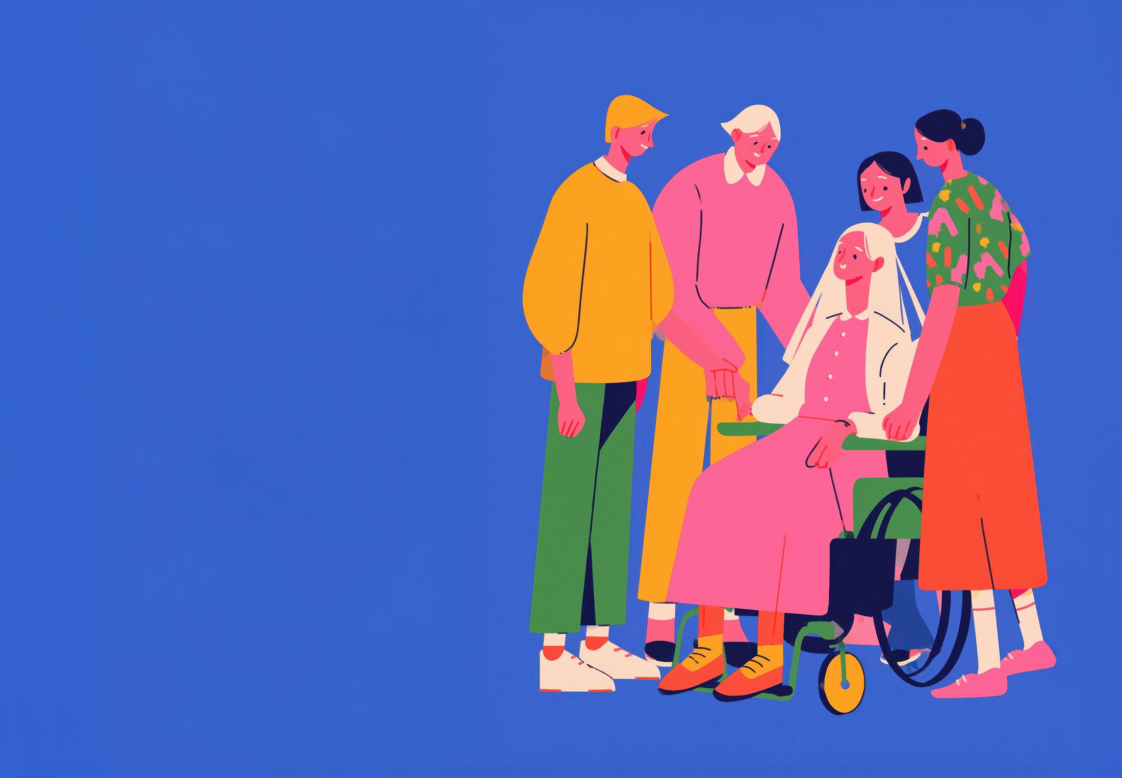 Illustration, bunt auf blauem Hintergrund: vier Menschen unterschiedlichen Alters stehen um eine Frau, die im Rollstuhl sitzt