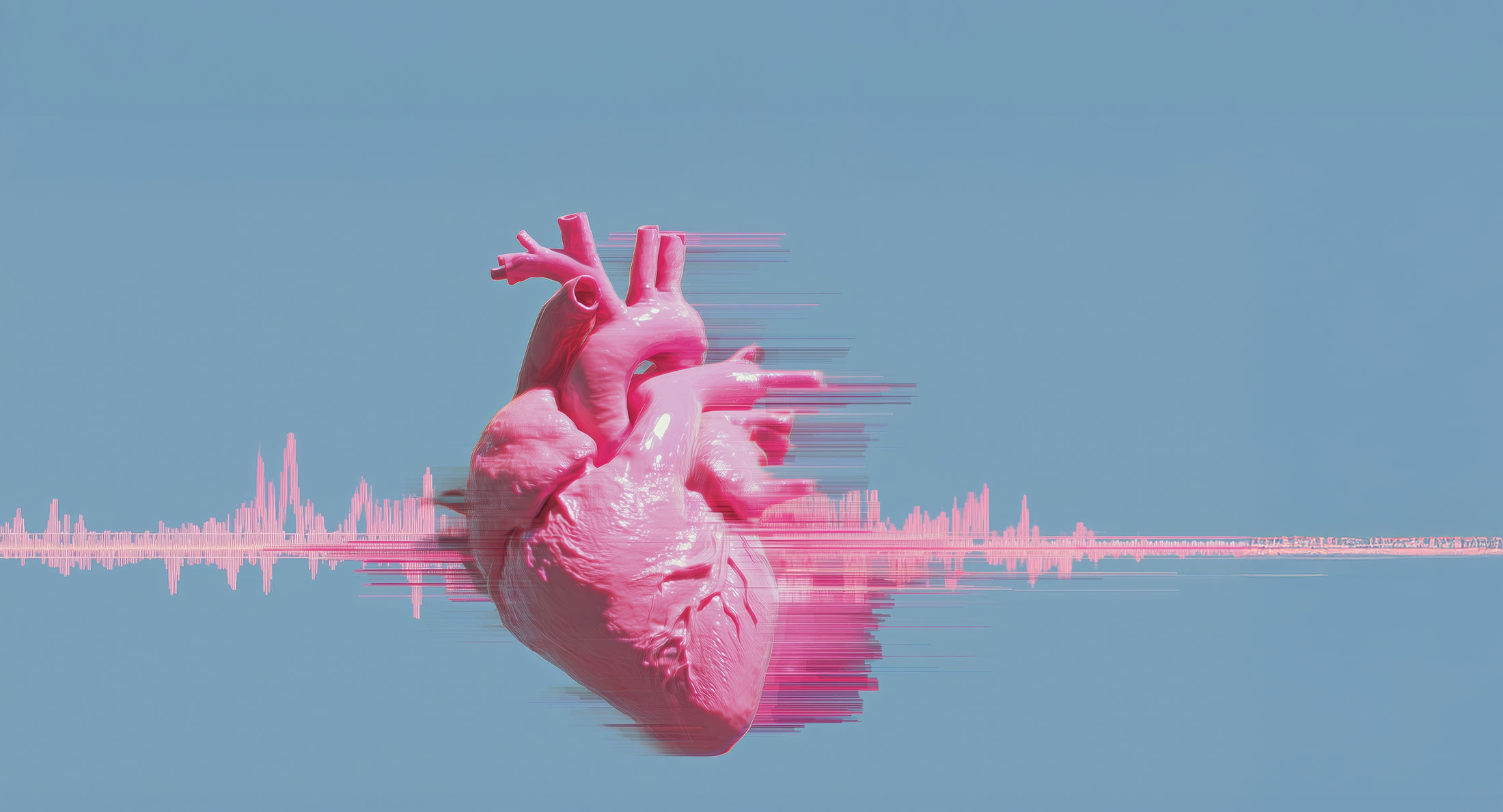 AI-generiertes Bild eines künstlich wirkenden Herzens, rosa, glänzend, vor hellblauem Grund mit stilisierter, unregelmäßig angedeuteter EKG-Linie