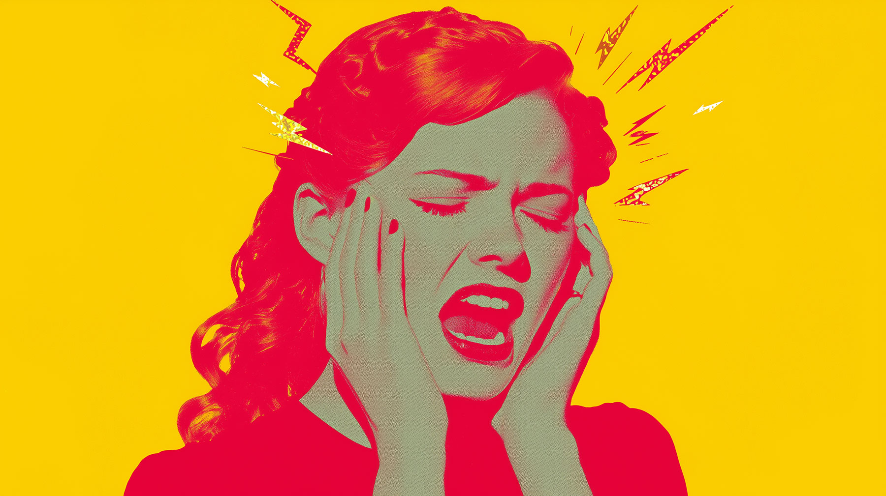 Pop-Art-Illustration einer Frau, die sich schmerzerfüllt den Kopf hält, den Mund aufgerissen, mit Blitzsymbolen um ihren Kopf vor knallgelbem Hintergrund.