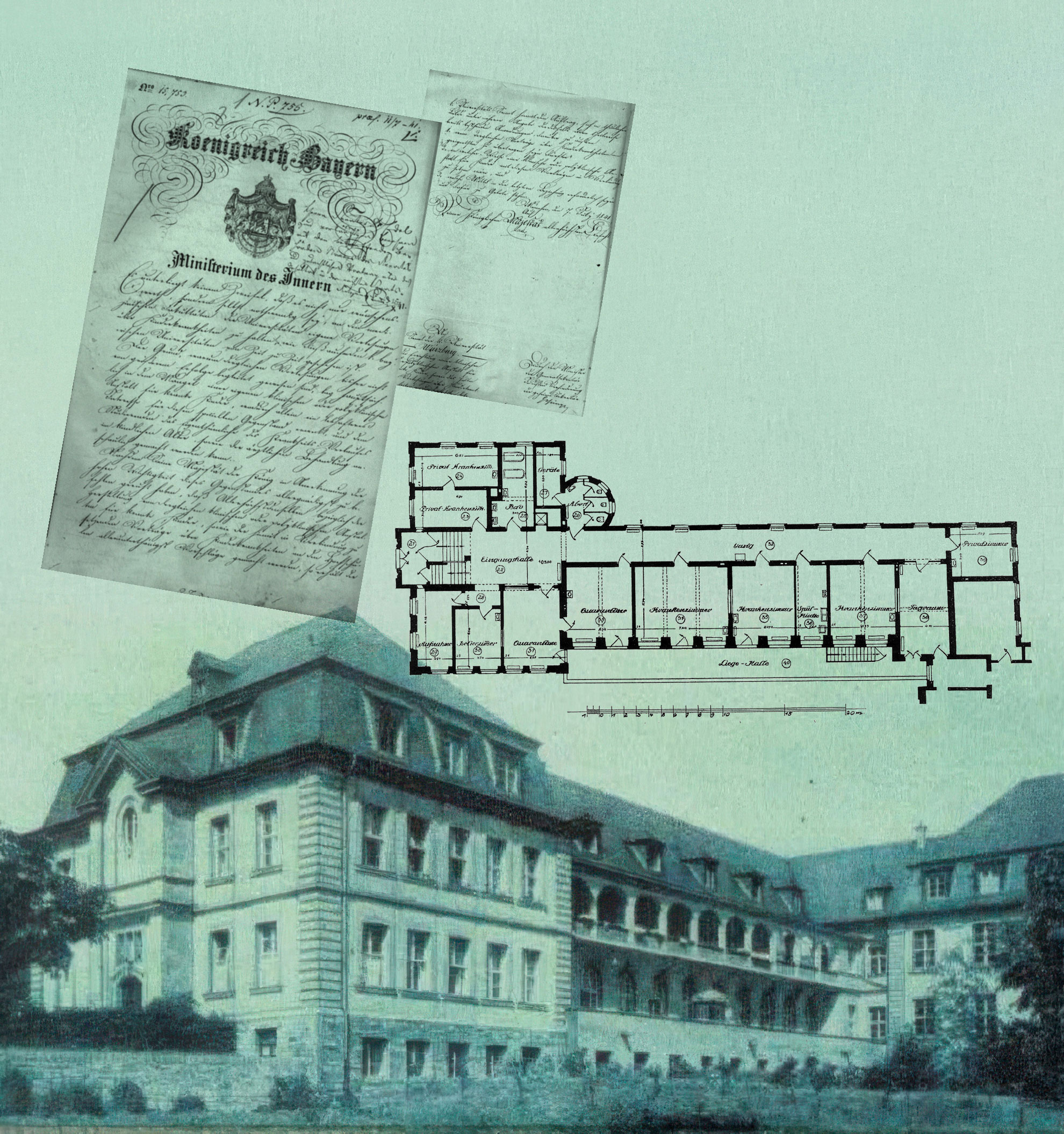 Historische Dokumente und eine alte Ansicht des Juliusspitals Würzburg zur frühen Geschichte der Kinderklinik des Universitätsklinikums Würzburg.