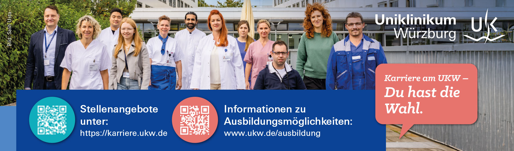 Werbeanzeige des Uniklinikums Würzburg: Mitarbeitende verschiedener Berufsgruppen vor dem Klinikgebäude, dazu QR-Codes und Links zu Stellenangeboten und Ausbildung, Slogan „Karriere am UKW – Du hast die Wahl.“