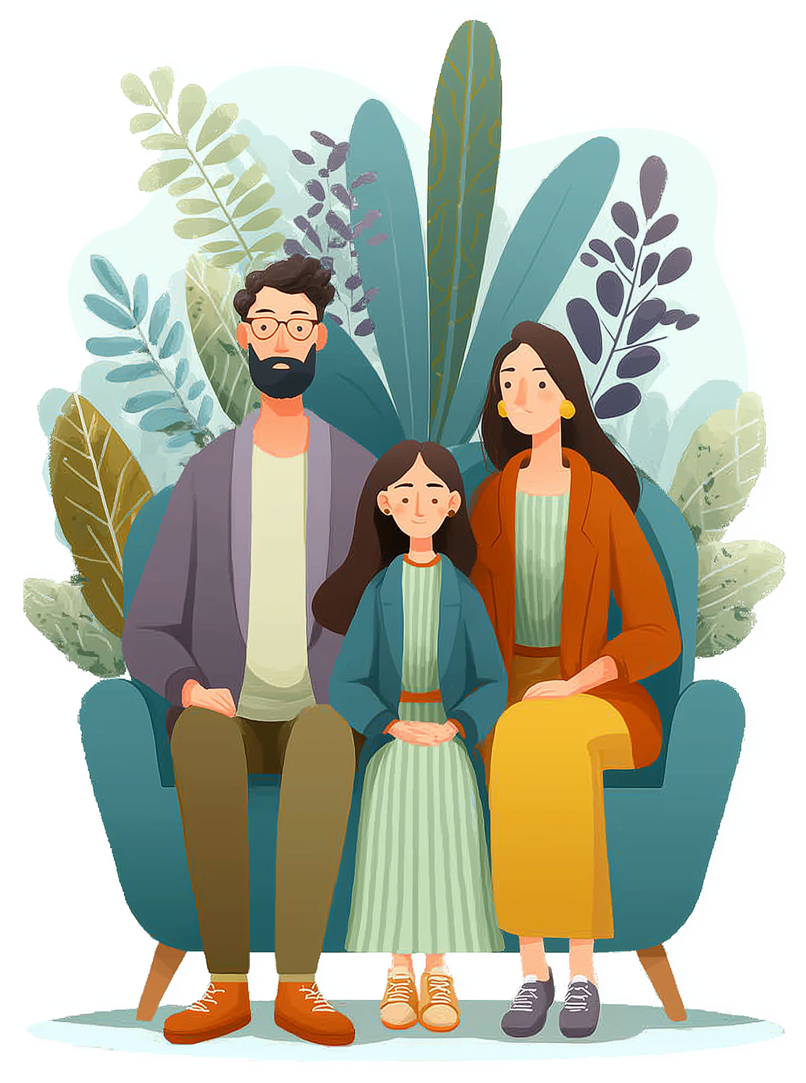 Illustration einer Familie: Vater, Mutter und deren Tochter