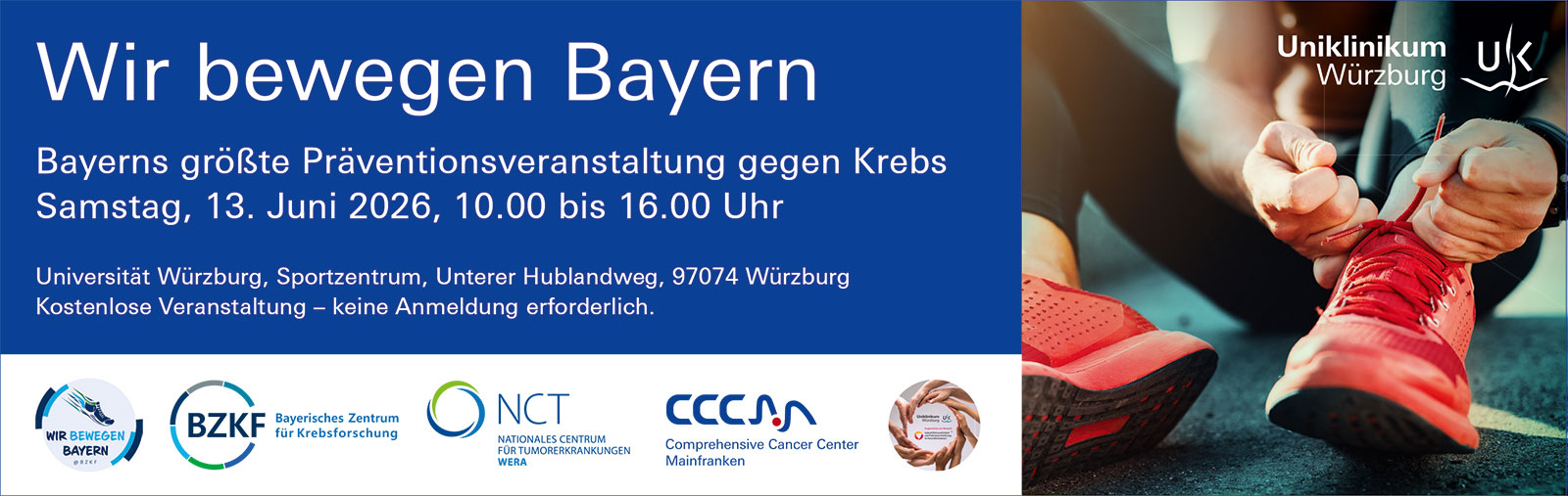 Logo der Aktion "Wir bewegen Bayern". Am Bildrand sieht man eine Hand die ein Paar Laufschuhe zuschnürt.