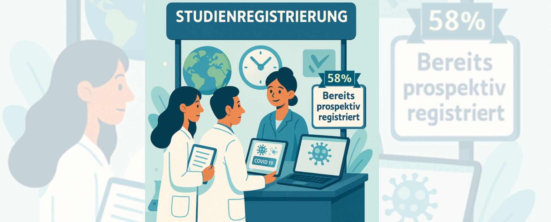 Die Illustration zeigt einen Stand mit Studienregistrierung, Corona-Virus auf Laptop deutet auf das Thema hin, zwei Ärzte stehen mit Tablets vor dem Infostand, eine Person steht dahinter; ein Schild am Stand besagt, dass 58 Prozent bereits prospektiv registriert sind. 