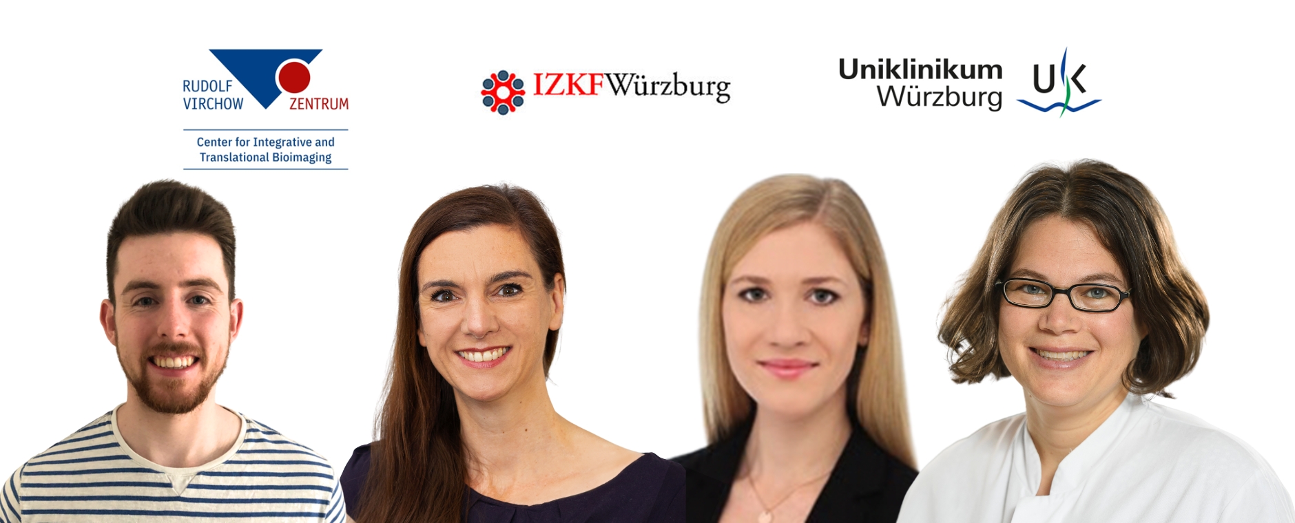 Freigestellt Porträts der vier Forschenden, darüber die Logos von RVZ, IZKF und UKW