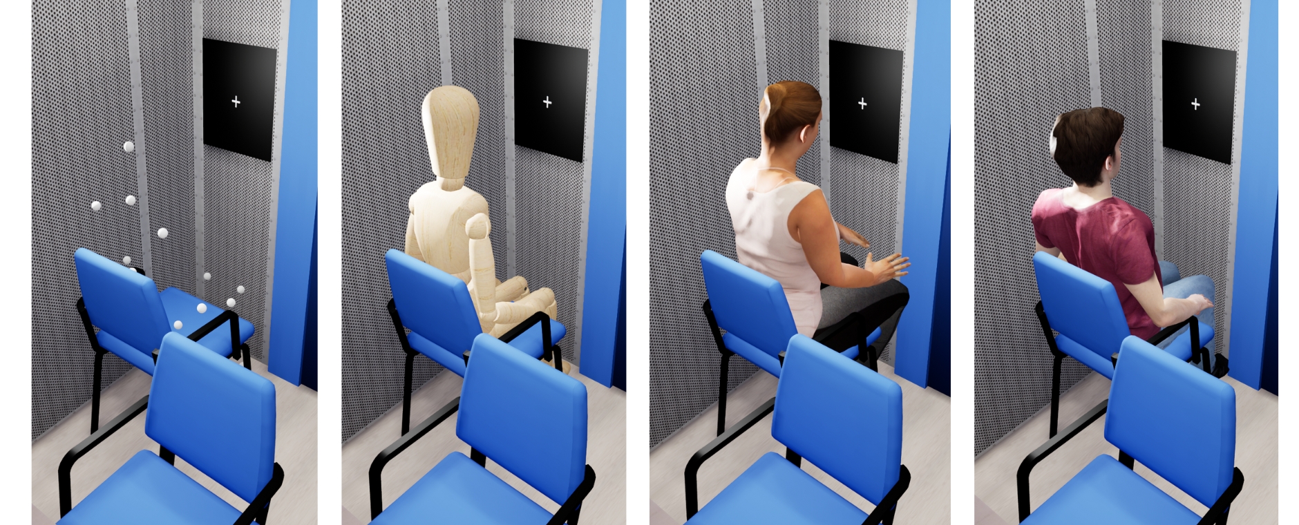 Vier Aufnahmen des virtuellen Raumes mit besetzten Stühlen.
