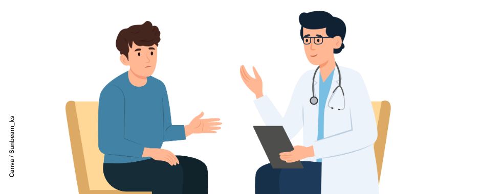 Illustration mit einem Arzt im Gespräch mit einem Patienten, der Arzt hält Karten in der Hand. 