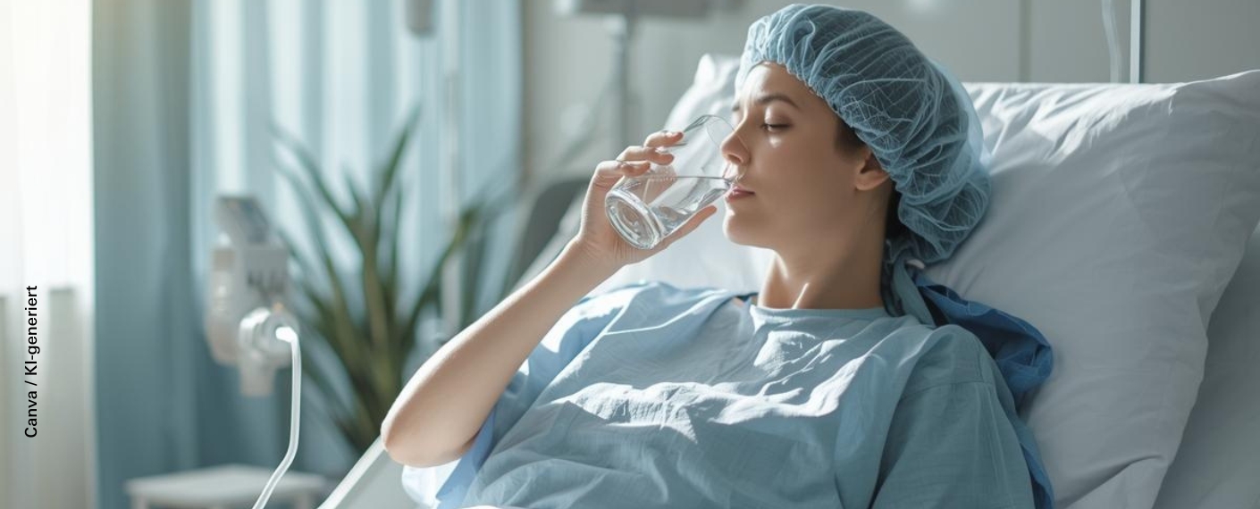 Eine Frau liegt mit OP-Haube und -Hemd im Bett und trinkt ein Glas Wasser. 