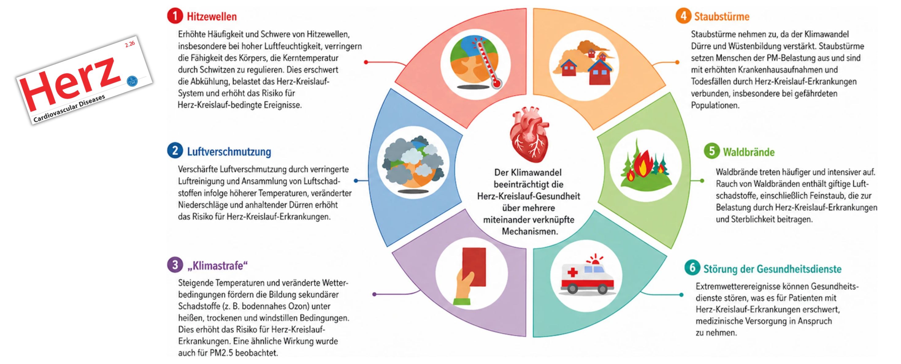 Grafik im Kreisformat: In der Mitte ist ein Herz abgebildet, drum herum sind die einzelnen Themenfelder angeordnet,  Luftverschmutzung, Klimastrafe, Hitzewellen, Waldbrände, Staubstürme und Störung der Gesundheitsdienste